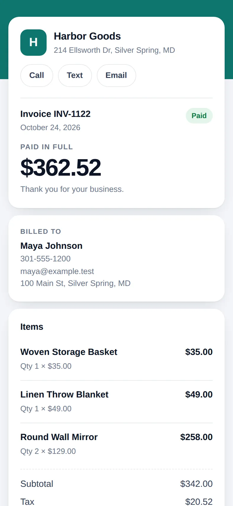 A Harbor Goods receipt on a phone, paid in full