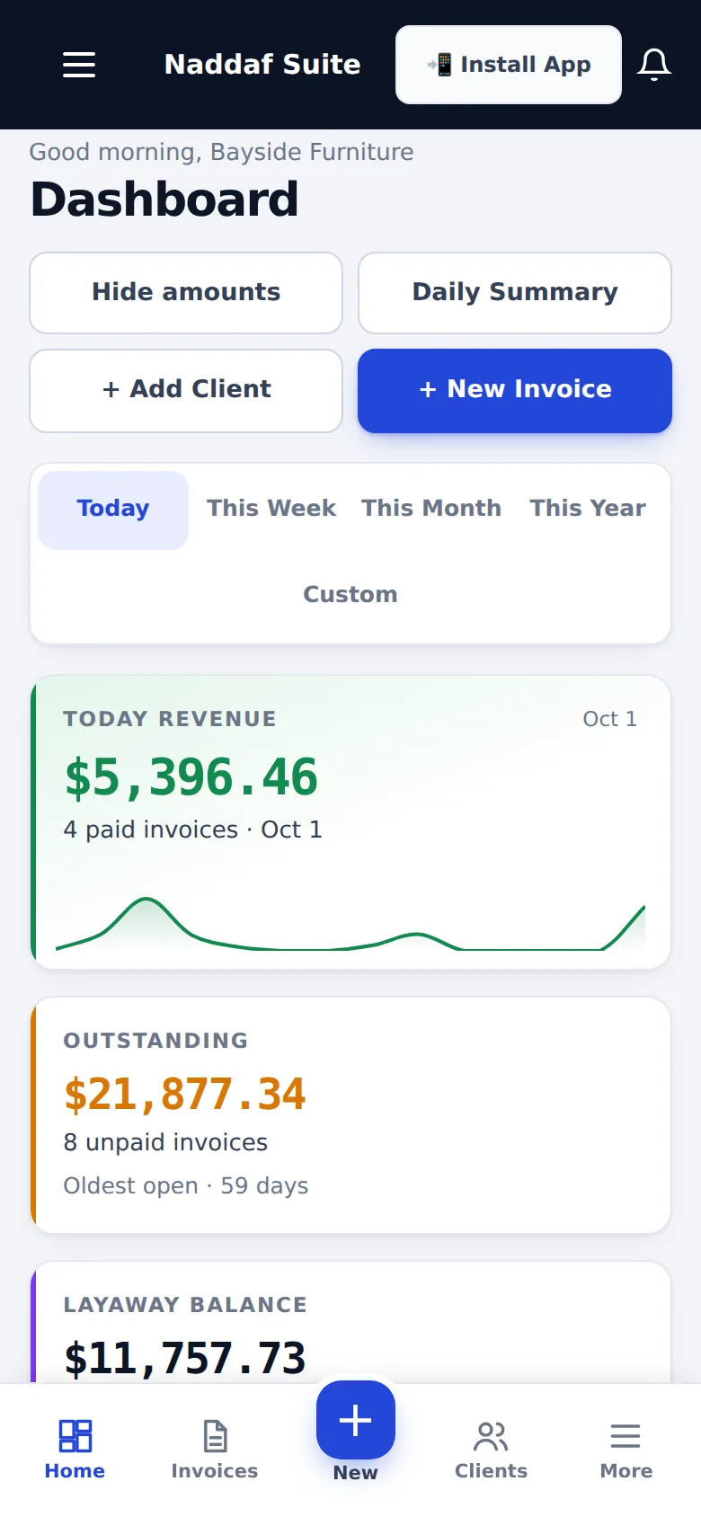 Naddaf Suite store dashboard on a phone