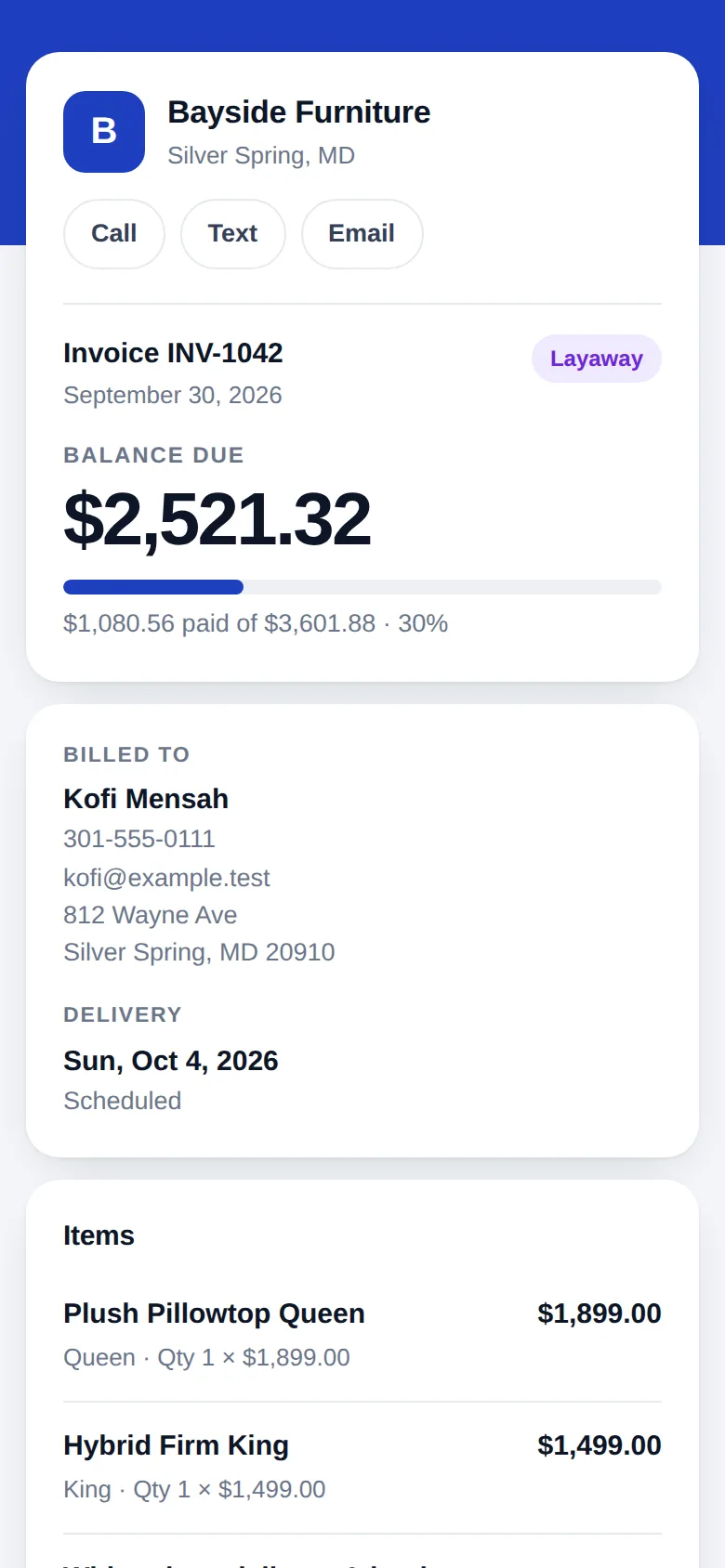 An invoice as the customer sees it on a phone
